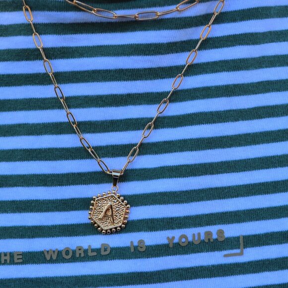 2 LAYER GOLD LETTER INITIAL COIN HEXAGONAL PENDANT  DAINTY NECKLACE, ELDM22335 - Picture 13 of 16